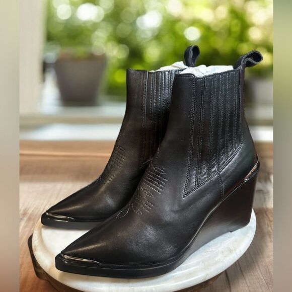 NWT! The KOOPLES $575 Topstiched Leather Wedge Ankle Boots Silver Detail EU 39 - Picture 6 of 16